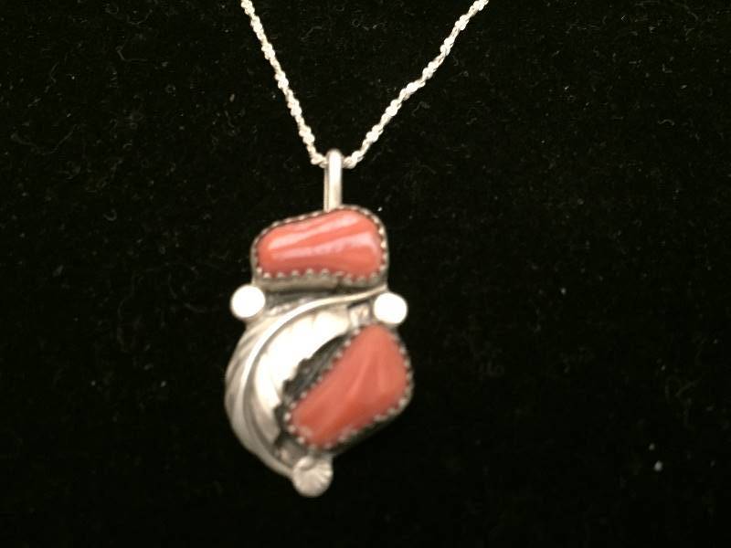 Necklace Sterling Silver Coral Color Stone Pendant