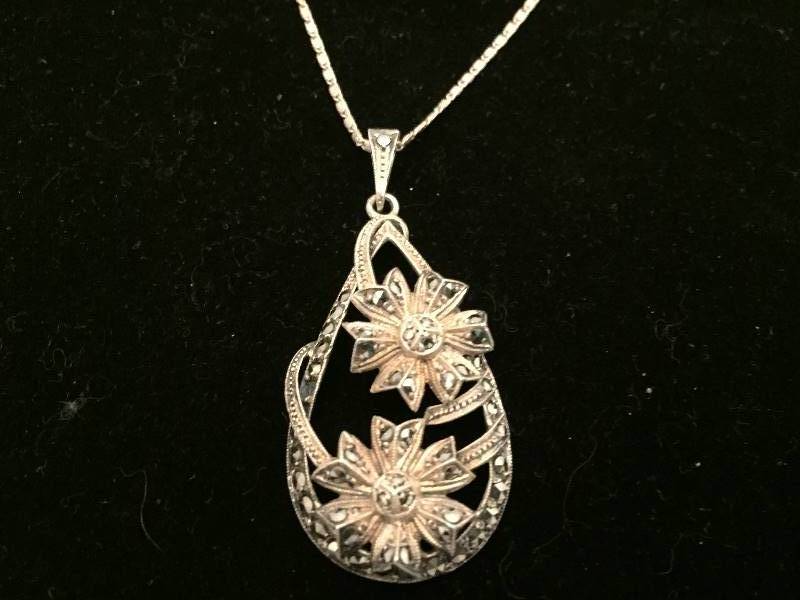 Necklace Sterling Silver Marcasite Floral Pendant