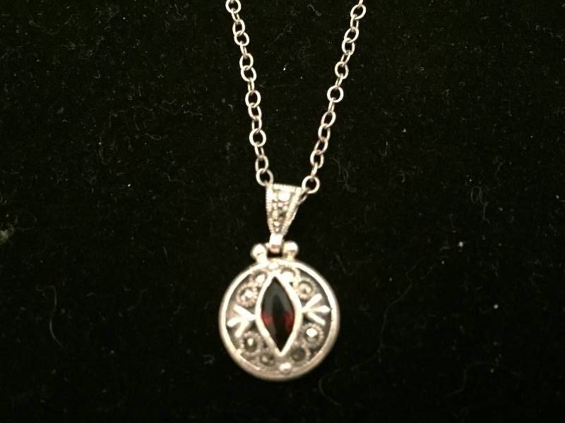 Necklace Sterling Silver Red Stone Marcasite Pendant
