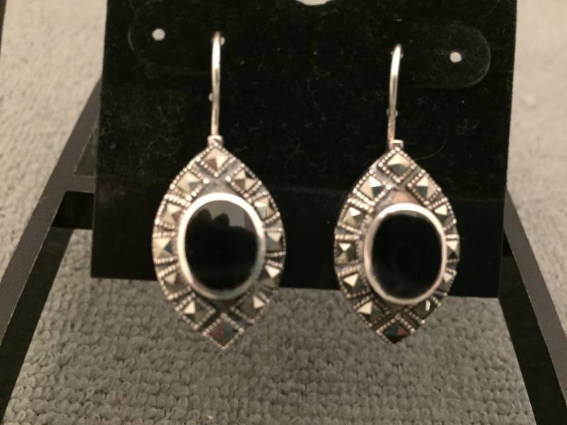 Earrings Sterling Silver Black Stone Marcasite