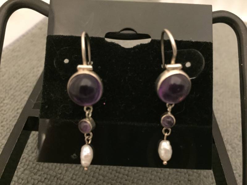 Earrings Sterling Silver Purple Stones & Pearls