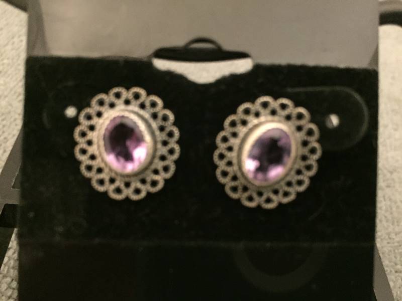 2 Pairs Earrings Sterling Silver Purple Stones