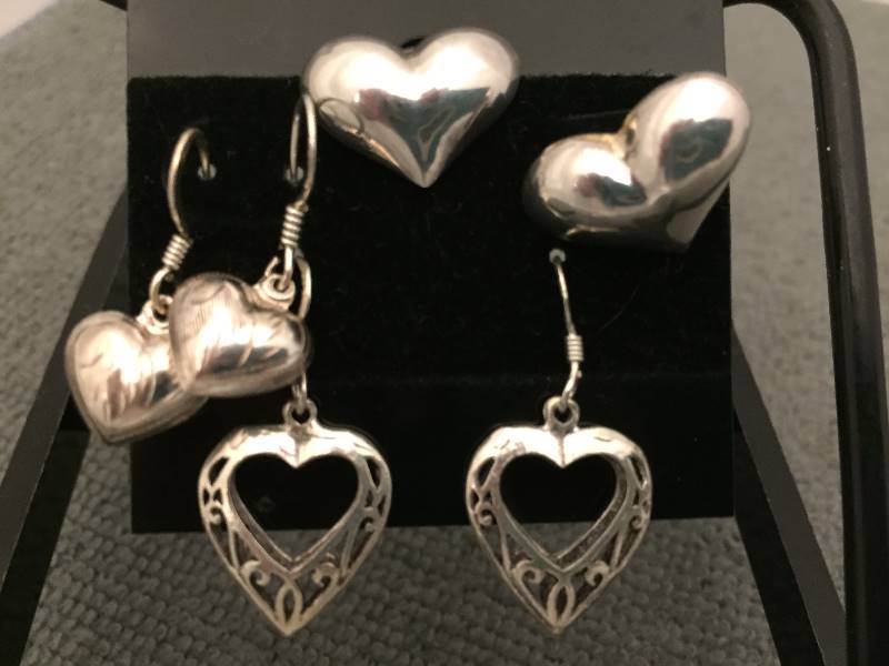 3 Pairs Earrings Sterling Silver Hearts