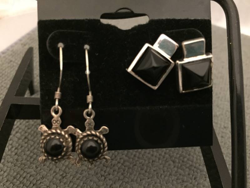 2 Pairs Earrings Sterling Silver Black Stones