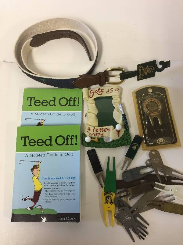 lot 241 image: Golf Collectibles - Divot Tools, Picture Frame, Books, New 36 Belt