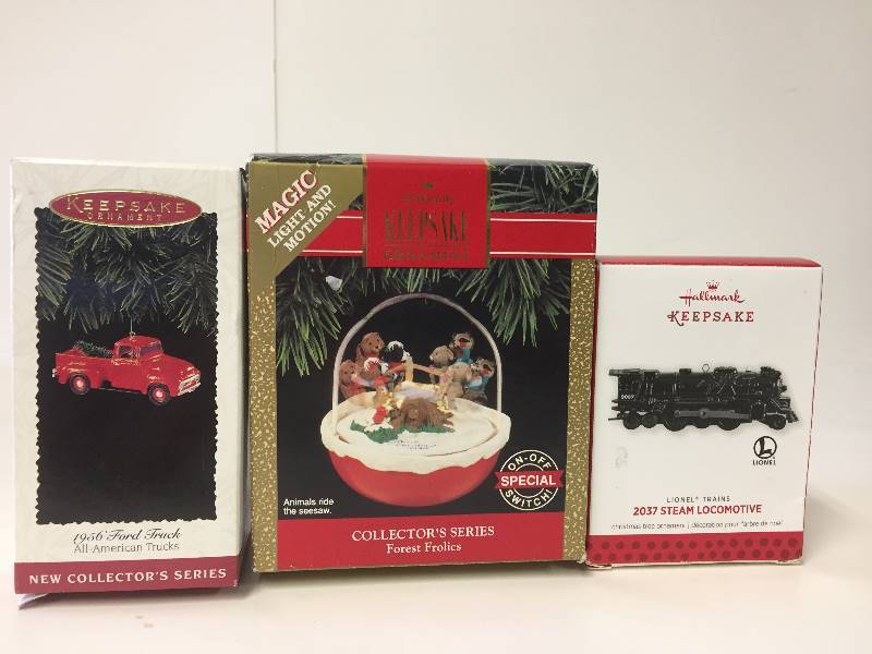 lot 249 image: Hallmark Keepsake Ornaments Truck, Train, Forest Frolics