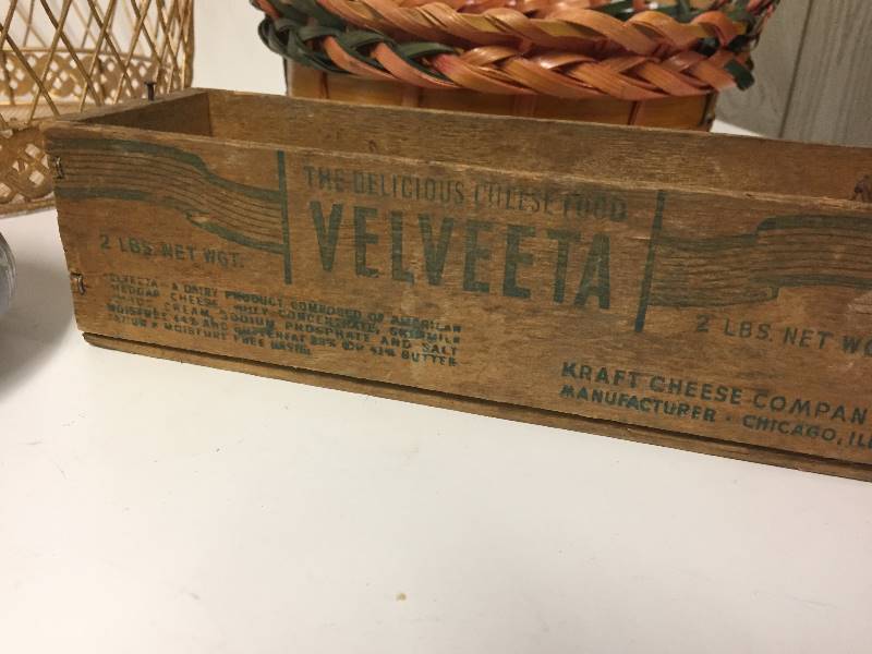 lot 206 image: Vintage Wooden Cheese Box, England Covered Pottery, Baskets