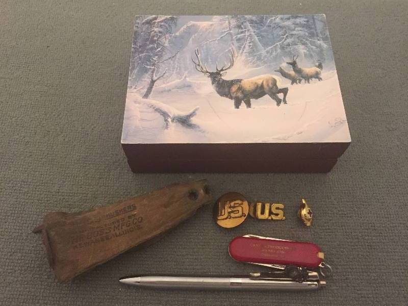 lot 243 image: Wooden Box, Boss Huskers, Medals, Knife, USMC Pen