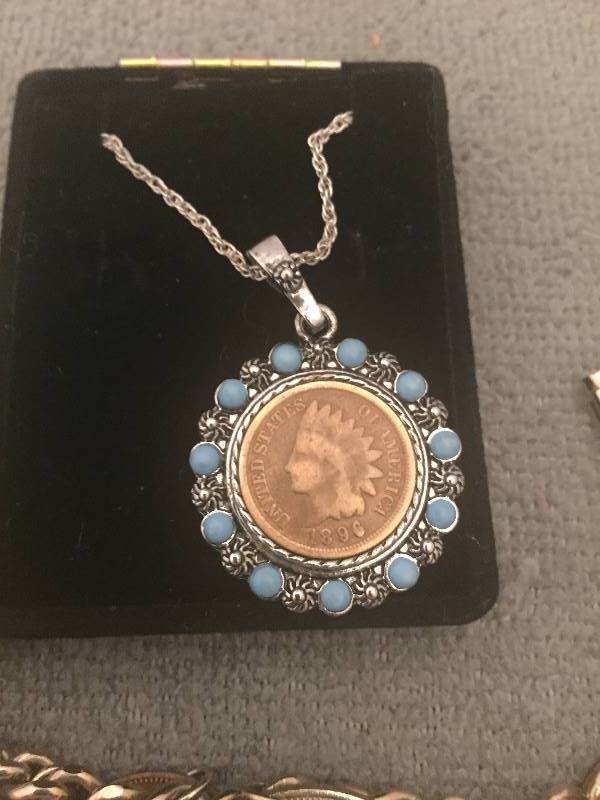 lot 210 image: 1896 Penny Necklace & Vintage Foreign Coin Bracelet