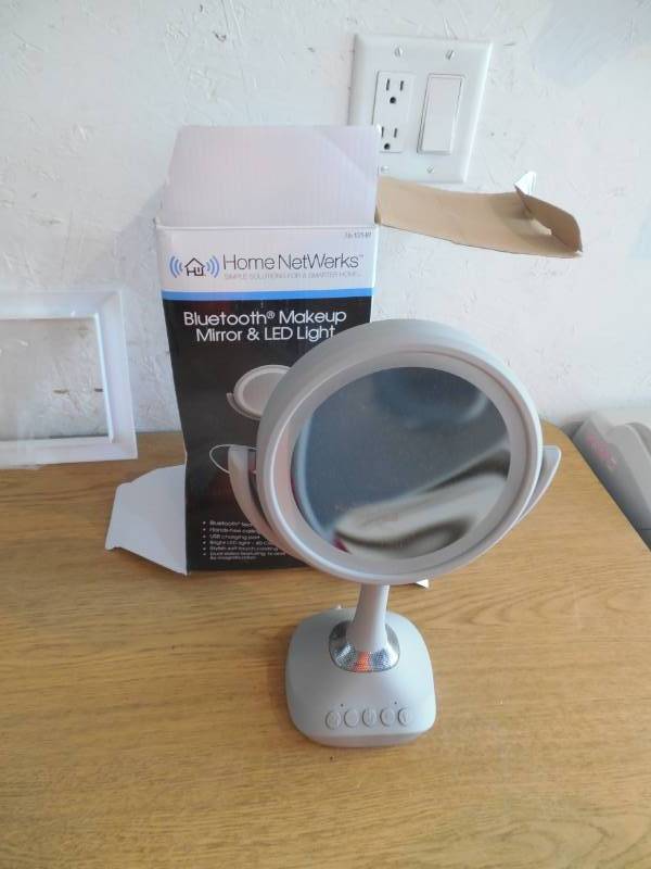 lot 60 image: Home Netwerks 6.25 in. x 12.5 in. Bi-view Bluetooth LED Handheld Makeup Mirror in Gray
