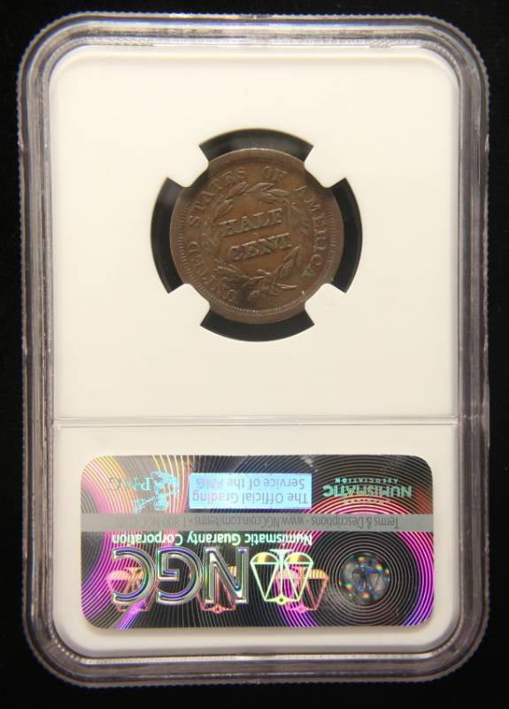 lot 08 image: 1851 US BRAIDED HAIR HALF CENT XF40 NGC