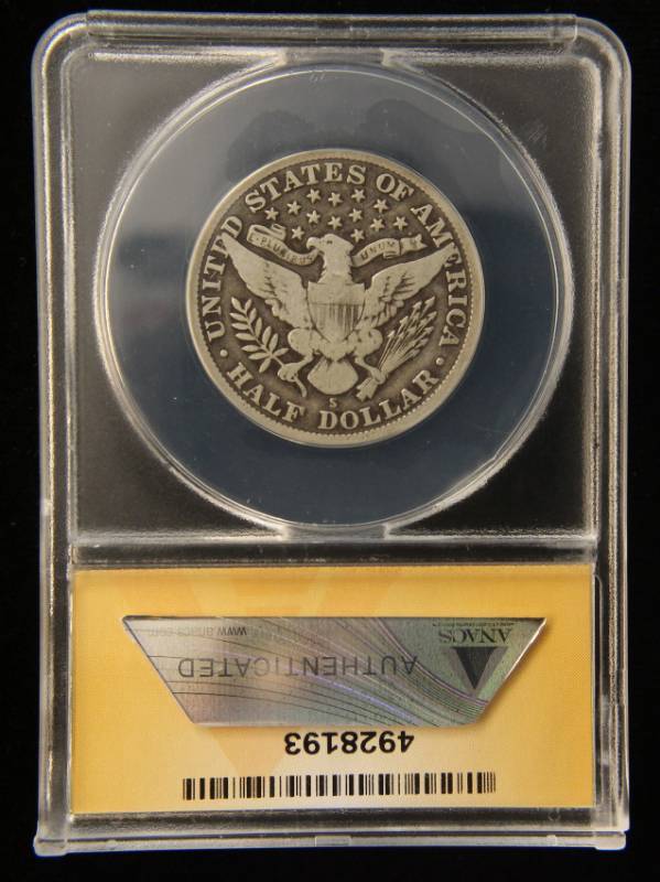 lot 18 image: 1914-S BARBER SILVER HALF DOLLAR VG8 ANACS