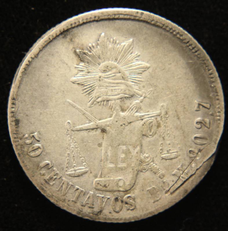 lot 22 image: 1875 MEXICO 2ND REPUBLIC SILVER 50 CENTAVOS