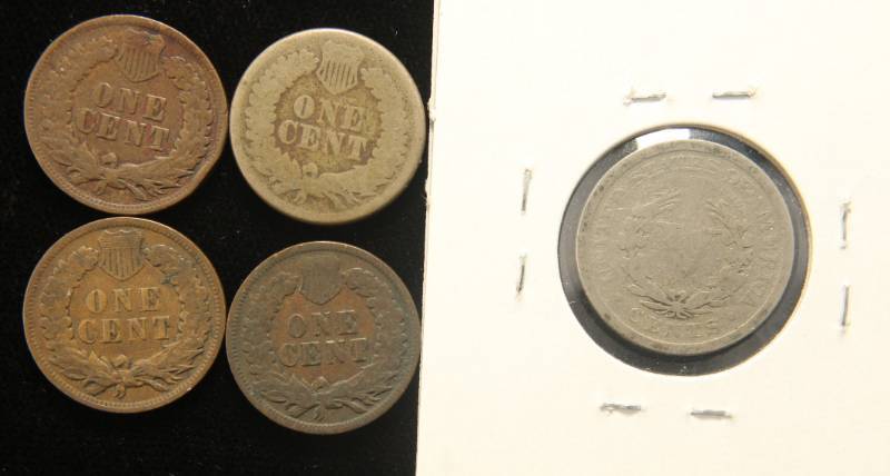 lot 28 image: 5 COINS 1860 1902 1904 1907 INDIAN CENTS 1906 NICKEL