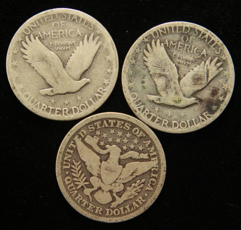 lot 31 image: 3 SILVER QUARTERS 1897 BARBER 1929-D 1930-S STANDING LIBERTY