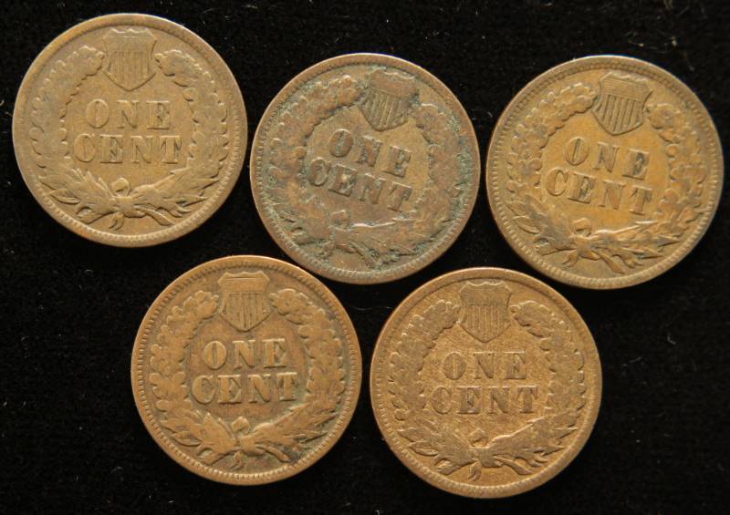 lot 37 image: 5 INDIAN HEAD CENTS 1898 1905 1906 1907 1909
