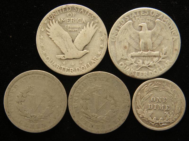 lot 42 image: 5 COINS 1925 1948 QUARTERS 1911-D 10C & 1900 1901 CENTS