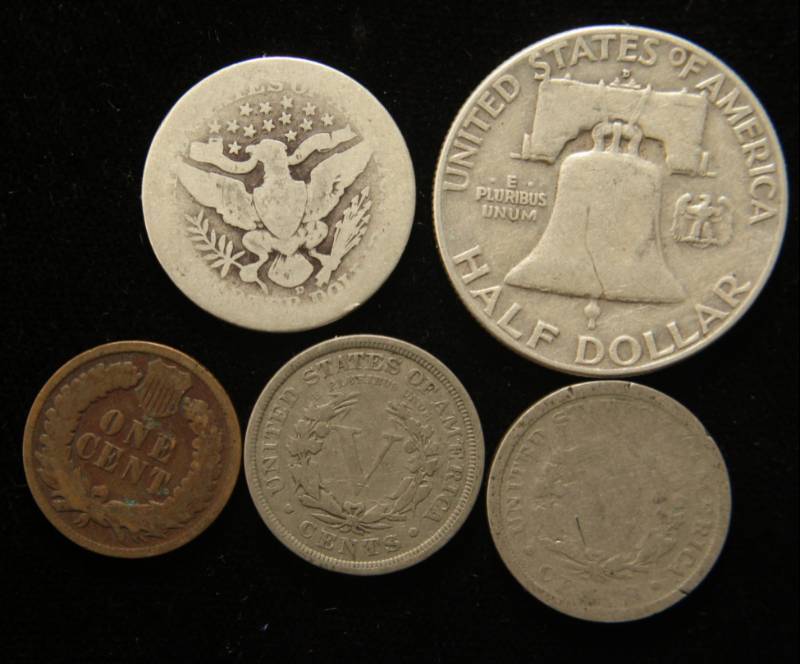 lot 55 image: 5 COINS 1961-D 50C 1913-D 25C 1901 1906 5C 1897 INDIAN HEAD CENT