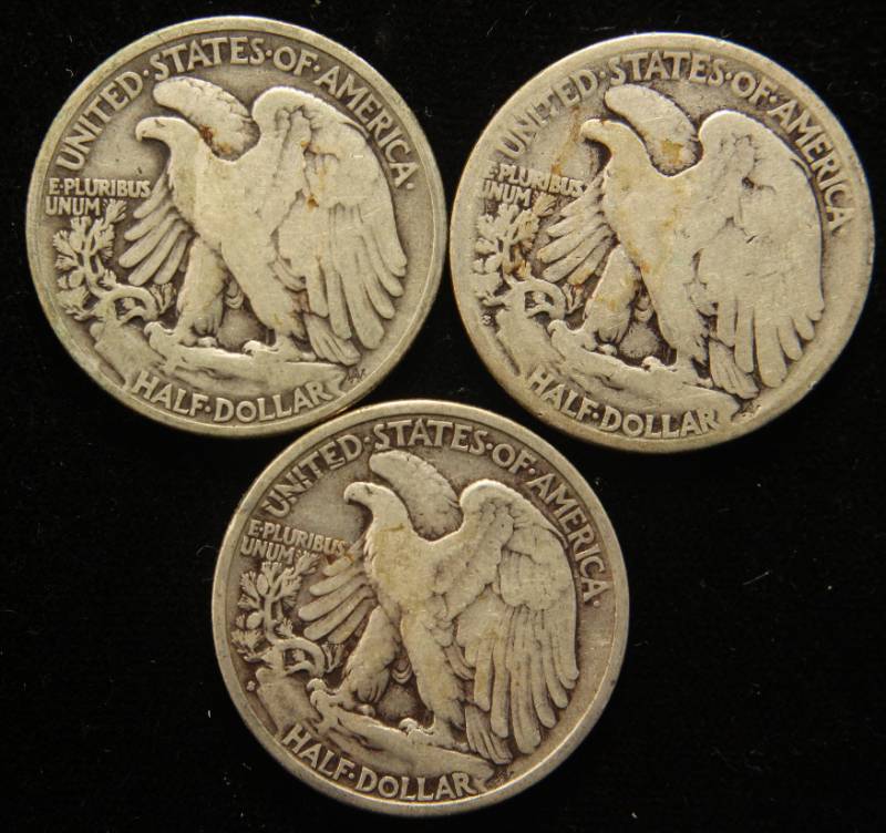 lot 58 image: GROUP OF 3 WALKING LIBERTY SILVER HALF DOLLARS