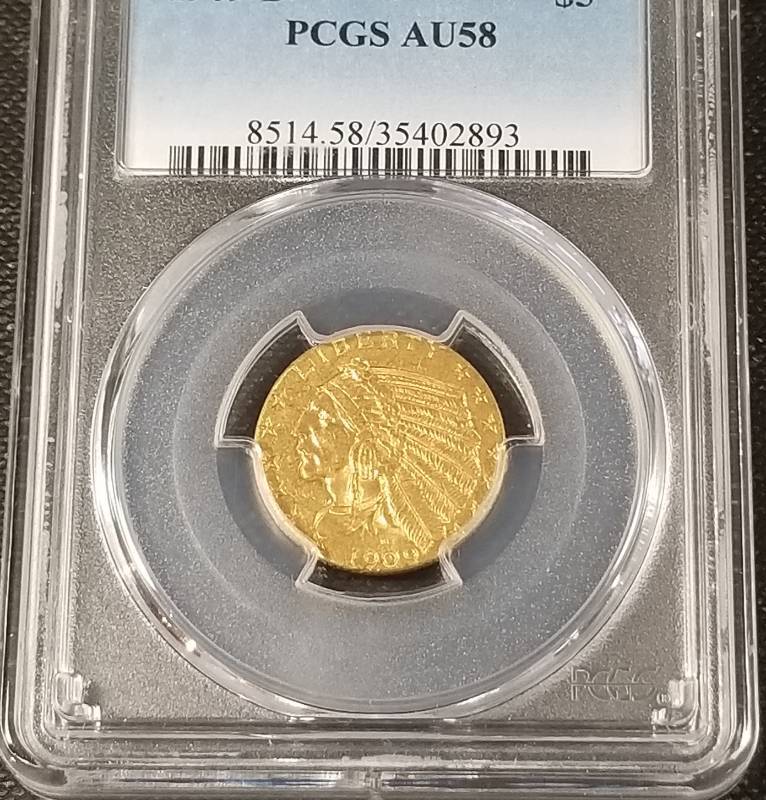 lot 04-A image: 1909-D US $5 GOLD INDIAN AU58 PCGS