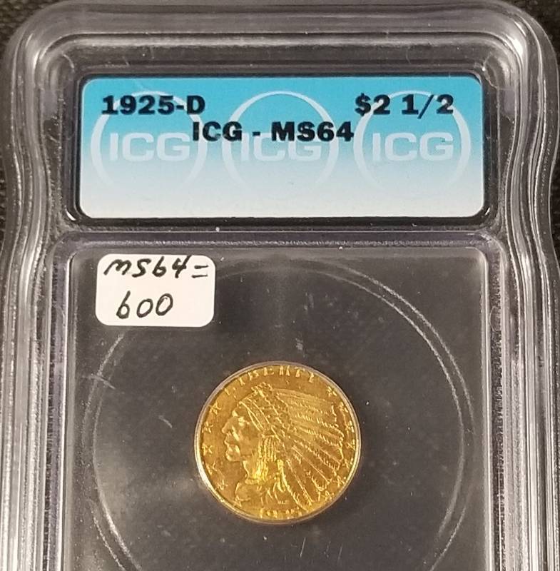 lot 03-A image: 1925-D US $2.50 GOLD INDIAN MS64 ICG CERTIFIED