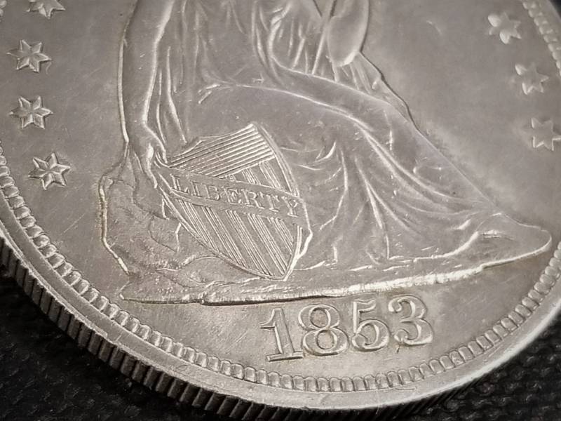 lot 01-B image: 1853 US SEATED LIBERTY TRADE DOLLAR IN HIGH GRADE RARE COIN