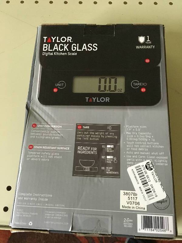 lot 276 image: Taylor Black Glass Digital Kitchen Scale, Retail $19.99
