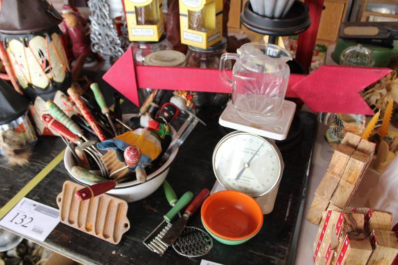 lot 115 image: Vintage Cookware, Enamel Ware, Vintage Scale, Vintage Glass Pitcher, 3-tier Shelf, Large Glass Jars, Misc.