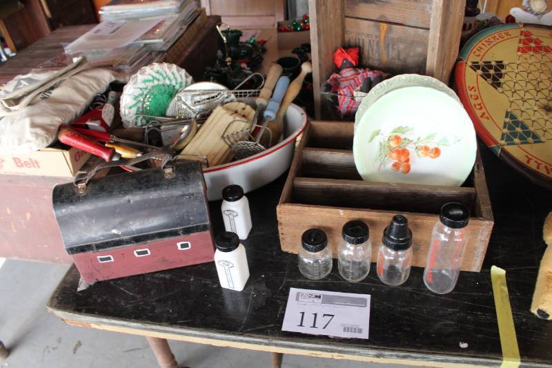 lot 117 image: Vintage Cooking Utensils, Barn Lunch Box, Decorative Plates, Glass Jars, And More