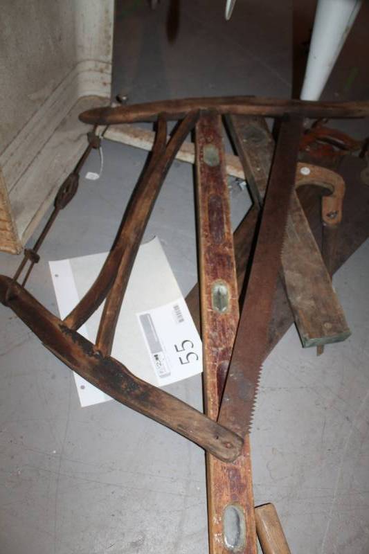 lot 55 image: Vintage Hand Tools - Saws, Sickle, Level