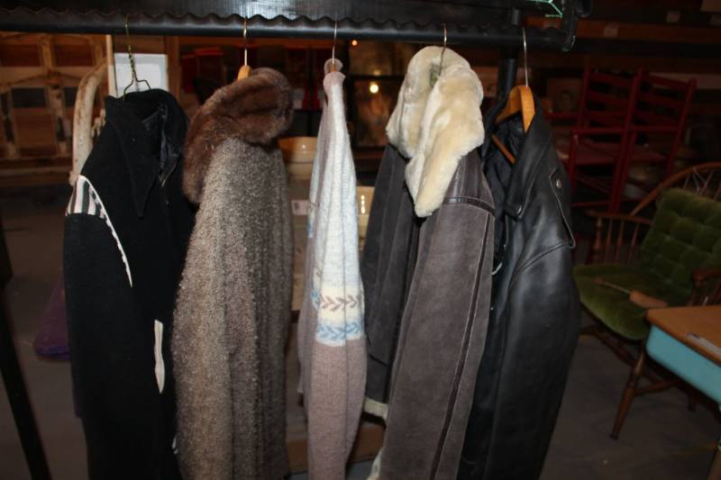 lot 60 image: 1 Mens Leather Jacket 1  Women SuedeFur Jacket, Vintage Letterman Jacket, Long Vintage Jacket and Vintage Mens Boyfriend Sweater