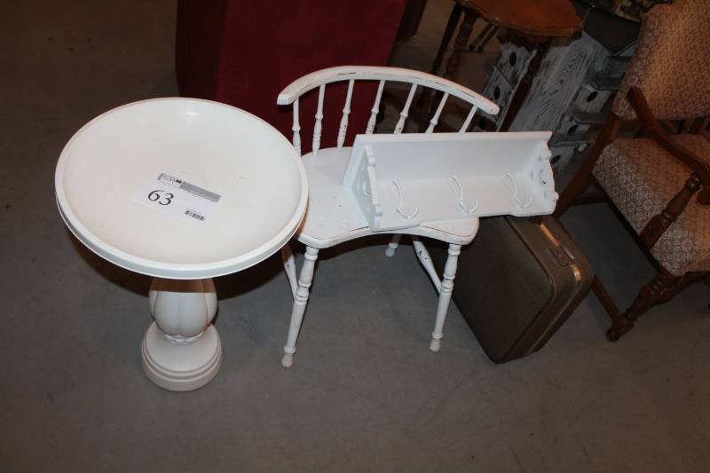 lot 63 image: Bird Bath, Shelf, Chair, Suitcase, Mailbox