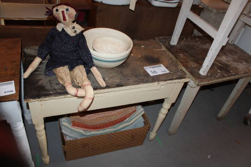 lot 36 image: Wood Table, Vintage Rugs, Rag Doll, Vintage Bowl Set