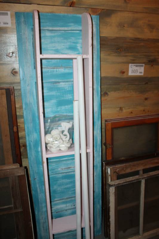 lot 104 image: Set of Wood Curtain Bars, Long Shelf and Pair of Matching Doors