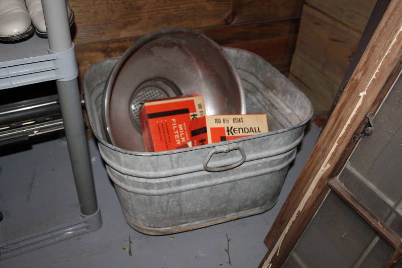 lot 106 image: Metal Basin, Metal Sifter with Kendall Milk Filters