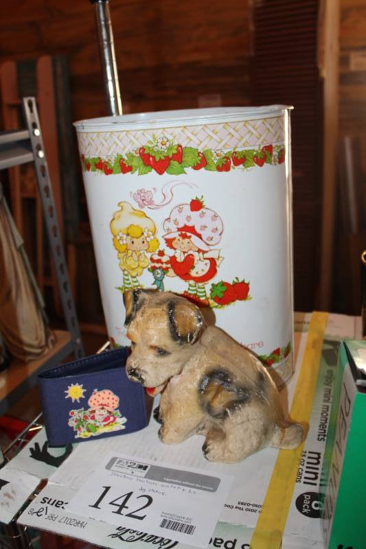 lot 142 image: Strawberry Shortcake Wallet, Decorative Tin, Dog Statue