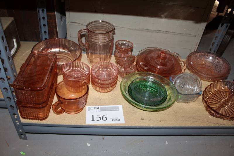 lot 156 image: Antique Pink and Green Depression Glass