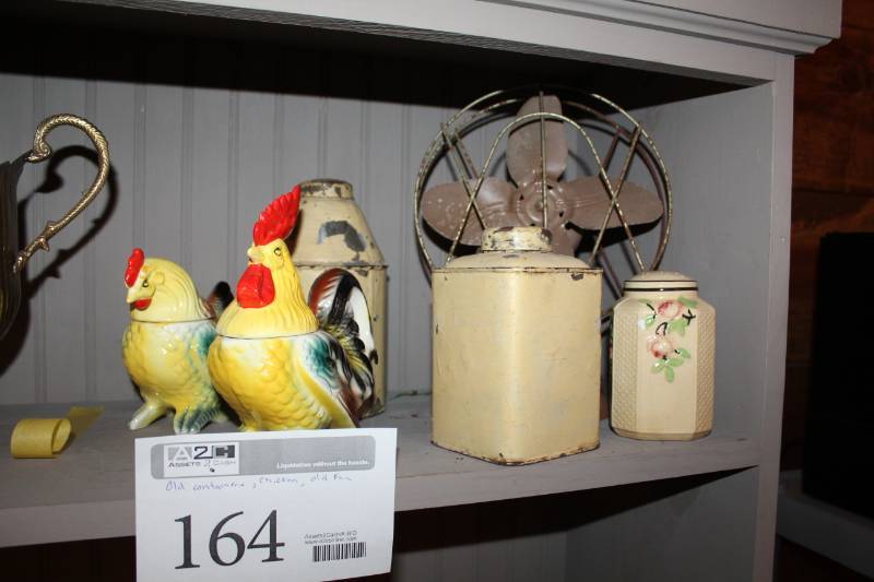 lot 164 image: Chicken Table Dcor, Old Fan, Old Containers