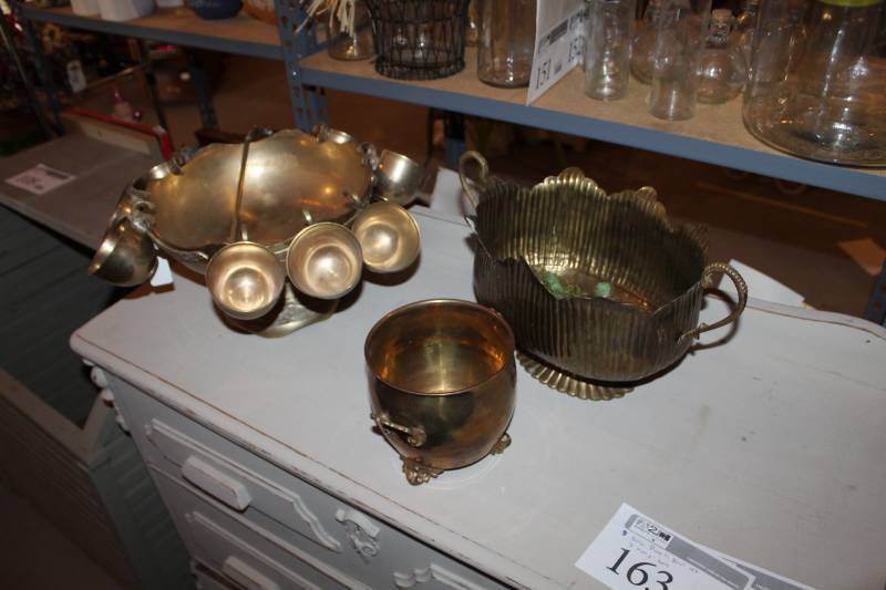 lot 163 image: Brass Punch Bowl Set with 2-Extra Bowls