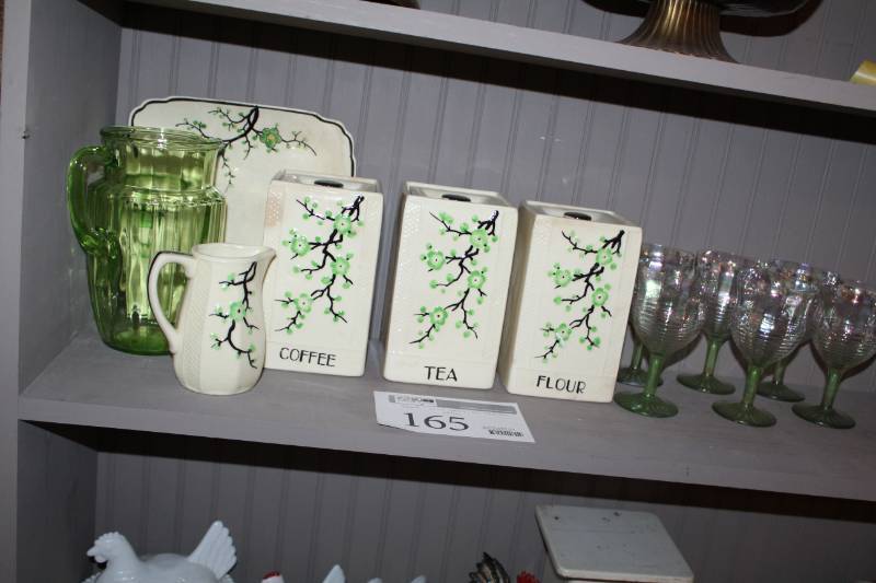 lot 165 image: Green Depression Pitcher, Set of Stem Glasses, Vintage Ceramic Containers,Platter,Pitcher
