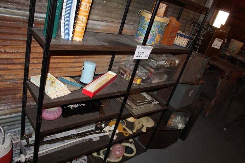 lot 227 image: Contents of Shelving Unit - Sewing, Frames, Books, Misc.