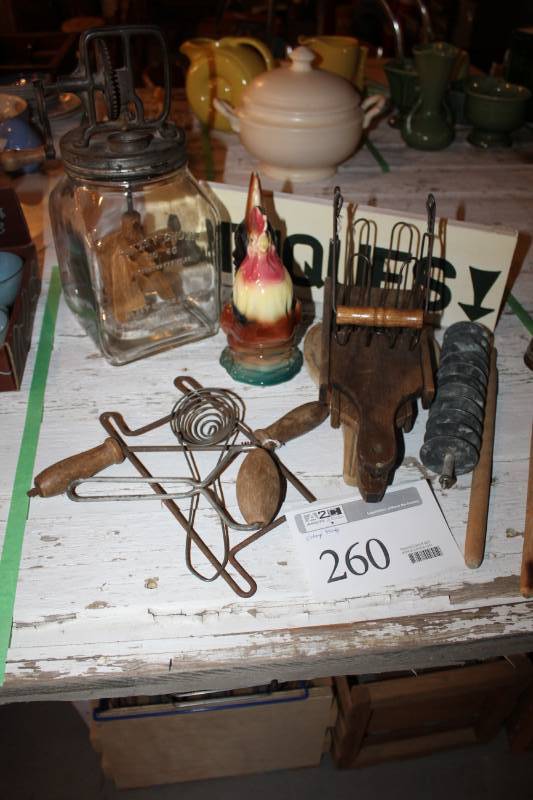 lot 260 image: Antique Butter Churn, Roy Winds Rooster, Antique Slicers, Utensils