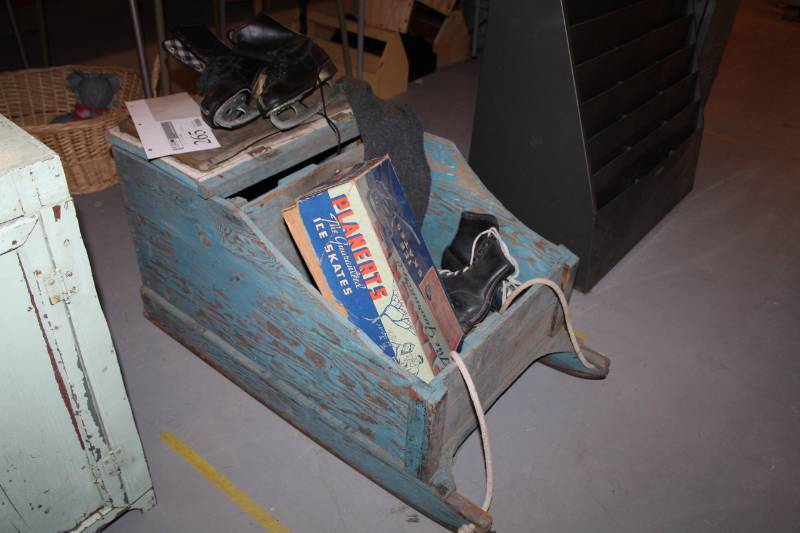 lot 265 image: Wood Sled End Table, Mens and Womens Ice Skates