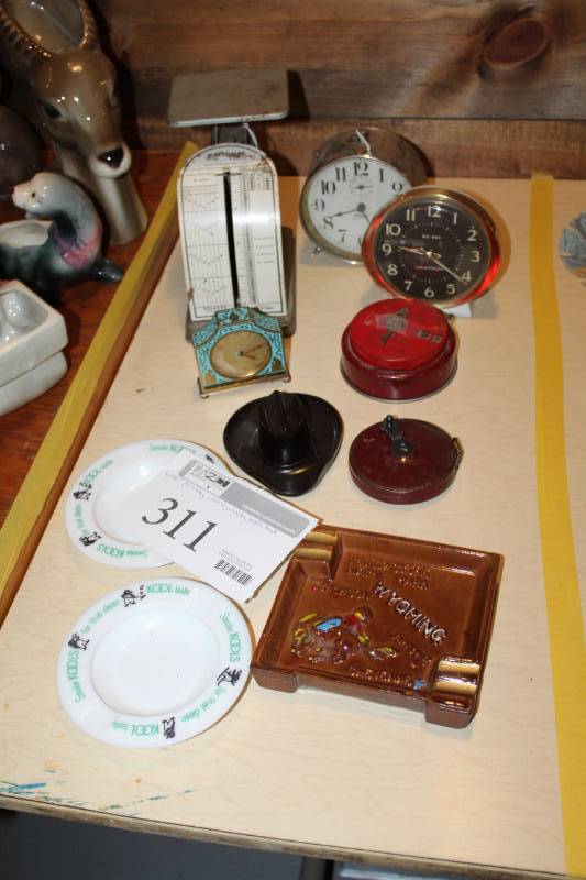 lot 311 image: Vintage Ash Tray, Scale, Table Clocks, Piggy Bank