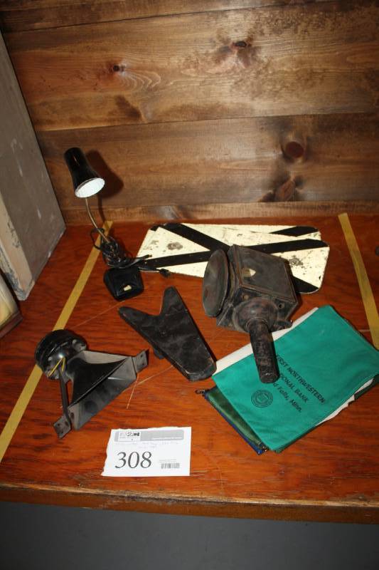 lot 308 image: Vintage Bank Bags, Wall Lamp, Lamp, Signs, Loudspeaker