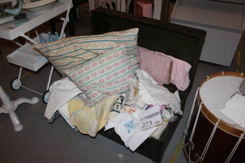 lot 273 image: Trunk full of Vintage Fabrics, Dollies, Table Clothes, Pillow Cases. Pillows and Lots of MIsc.