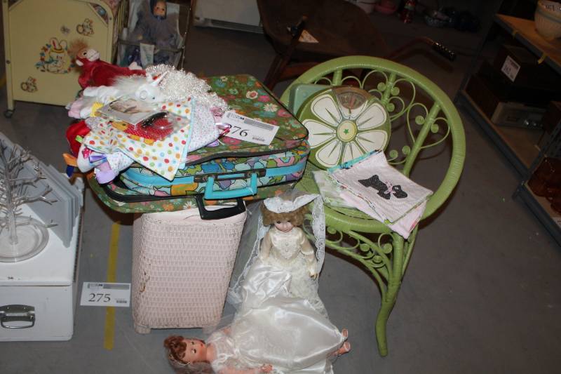 lot 276 image: Vintage Dolls, Chair, Hamper, Suitcase, Floor Scale, And More