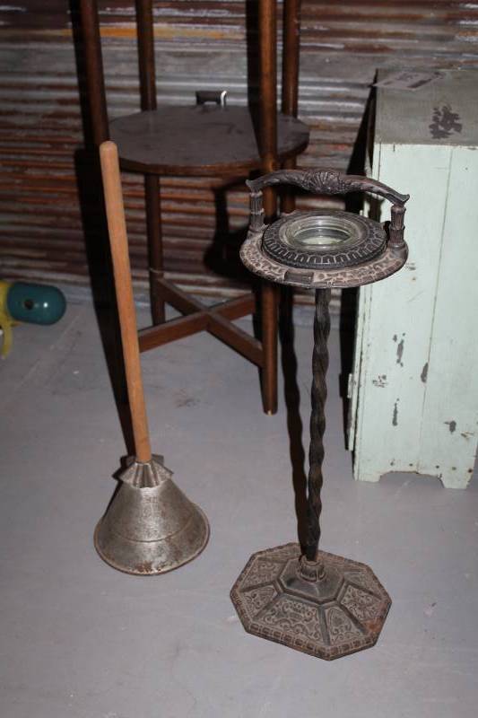lot 334 image: Vintage Metal Ash Tray Stand & Antique Wash Plunger