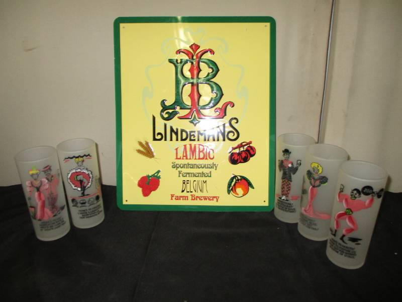 lot 45 image: Lindemans Lambic Belgium Farm Brewart sign andd 5 vintage glasses