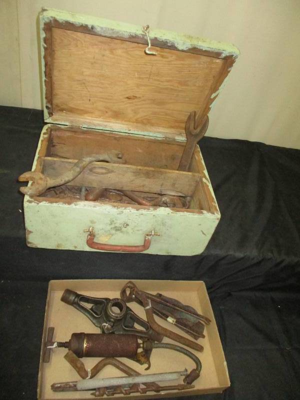 lot 48 image: Old wood box full of tools and rustic items